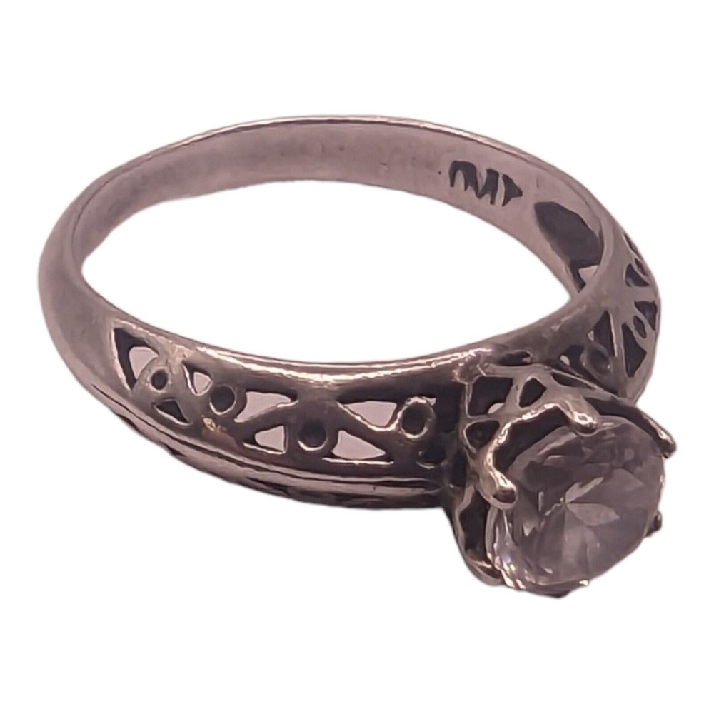 Art Deco Style Sterling Silver  Cubic Zirconia Solitaire Filigree Ring Size 6.75 - Picture 6 of 11